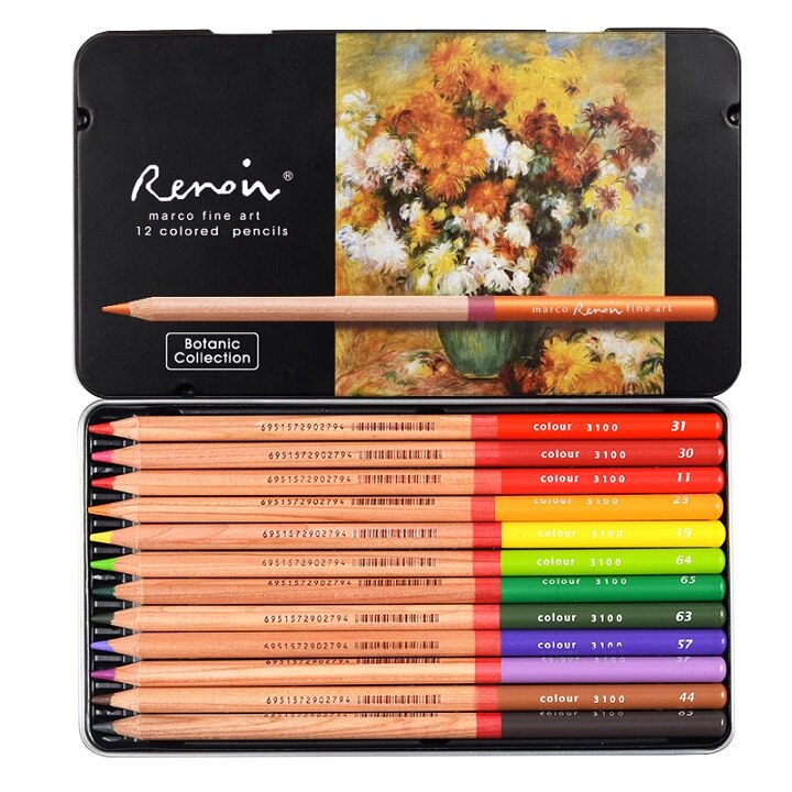 MARCO Renoir 3100 Oil Colored Pencils 120 Colors Set Tin Box Drawing Pens Botanic Landscape Portrait Painting: 12 botanic colors