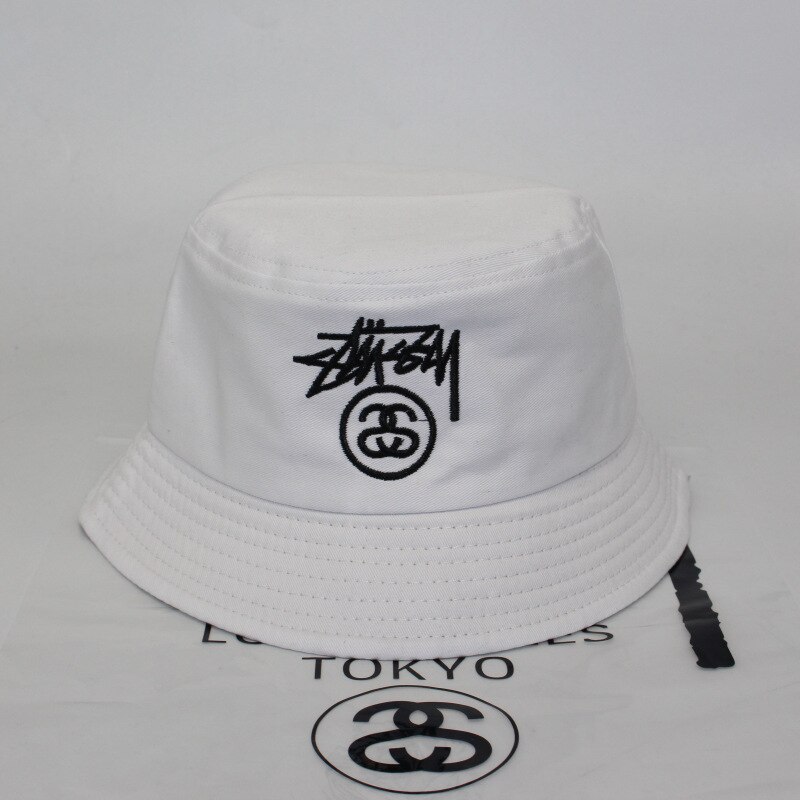 Sombrero de pescador para hombre y mujer, sombrilla bordada con doble etiqueta, estilo urbano, para primavera y verano: Blanco