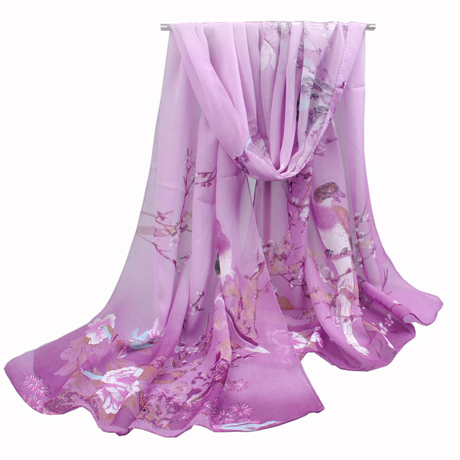 Bufanda de gasa para mujer, bufanda de seda sintética con patrón de urraca, bufanda larga de gasa, bolso de hombro con protección solar, pañuelo para la cabeza: Morado