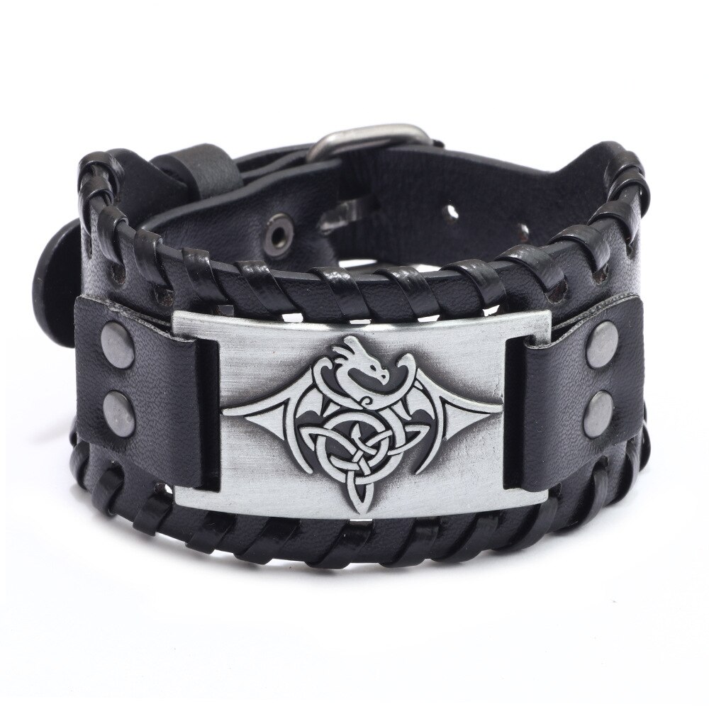 Mannen Stijl Legering Totem Charm Gevlochten Lederen Armband Brede Polsband Rijkdom Welvaart Manchet Bangle Armband Sieraden: BF052