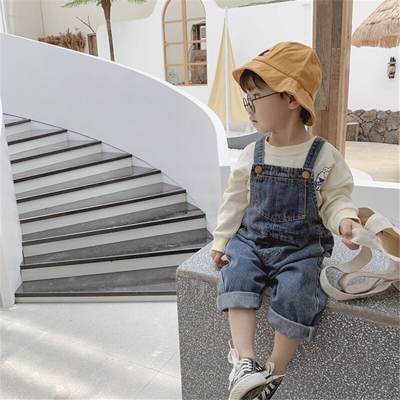 Primavera outono meninos e meninas moda denim macacão calças de bebê estilo coreano crianças all-match casual solto bib calças