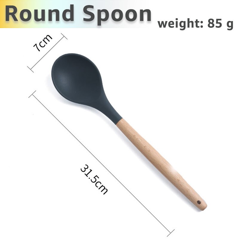 Silicone Cooking Utensils Set Kithcen Non Stick Spatula Shovel Soup Spoon Wooden Handle Heat Resisant 9 Pieces Cooking Tools set: Round spoon