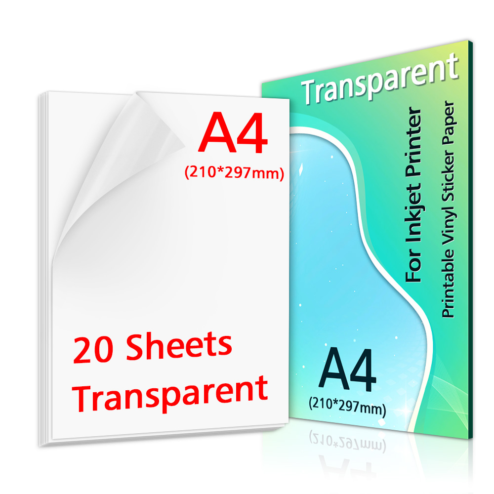 10/20/30/40/50/100 Sheets Transparant Printable Vinyl Sticker Papier A4 Waterdichte Zelfklevende kopieerpapier Voor Inkjet Printer: 20-Transparent