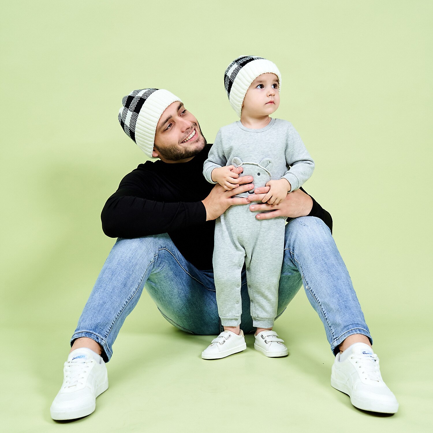 Strikket hat plaid rhombus uld cap strik cap familie matchende hat til voksne børn sød jul