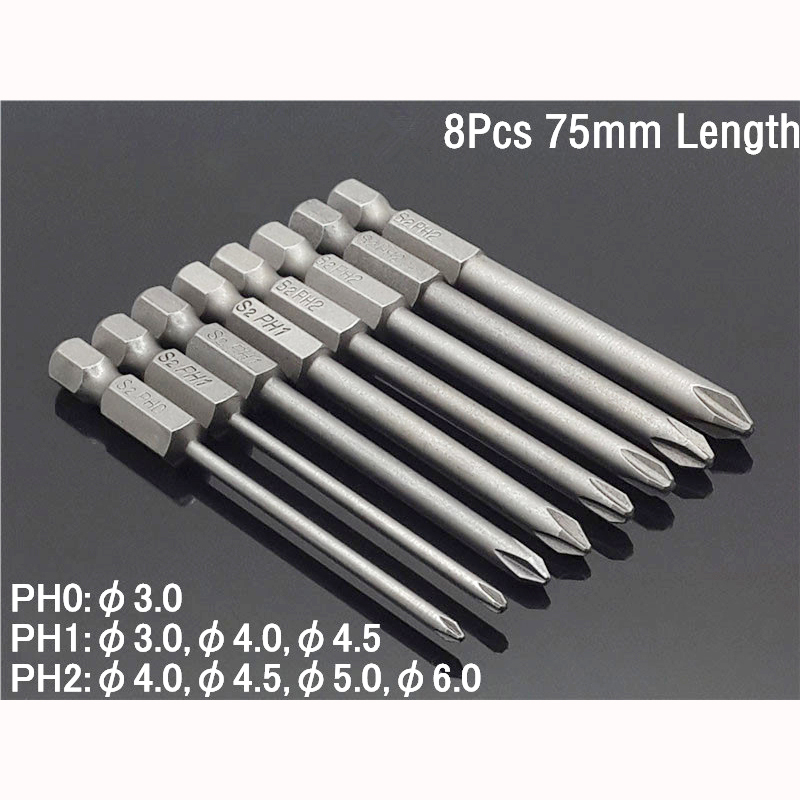 8Pcs 75mm Long Magnetic Hex Cross Head Screwdriver Bits Electric Screwdriver Set S2 PH0,PH1,PH2