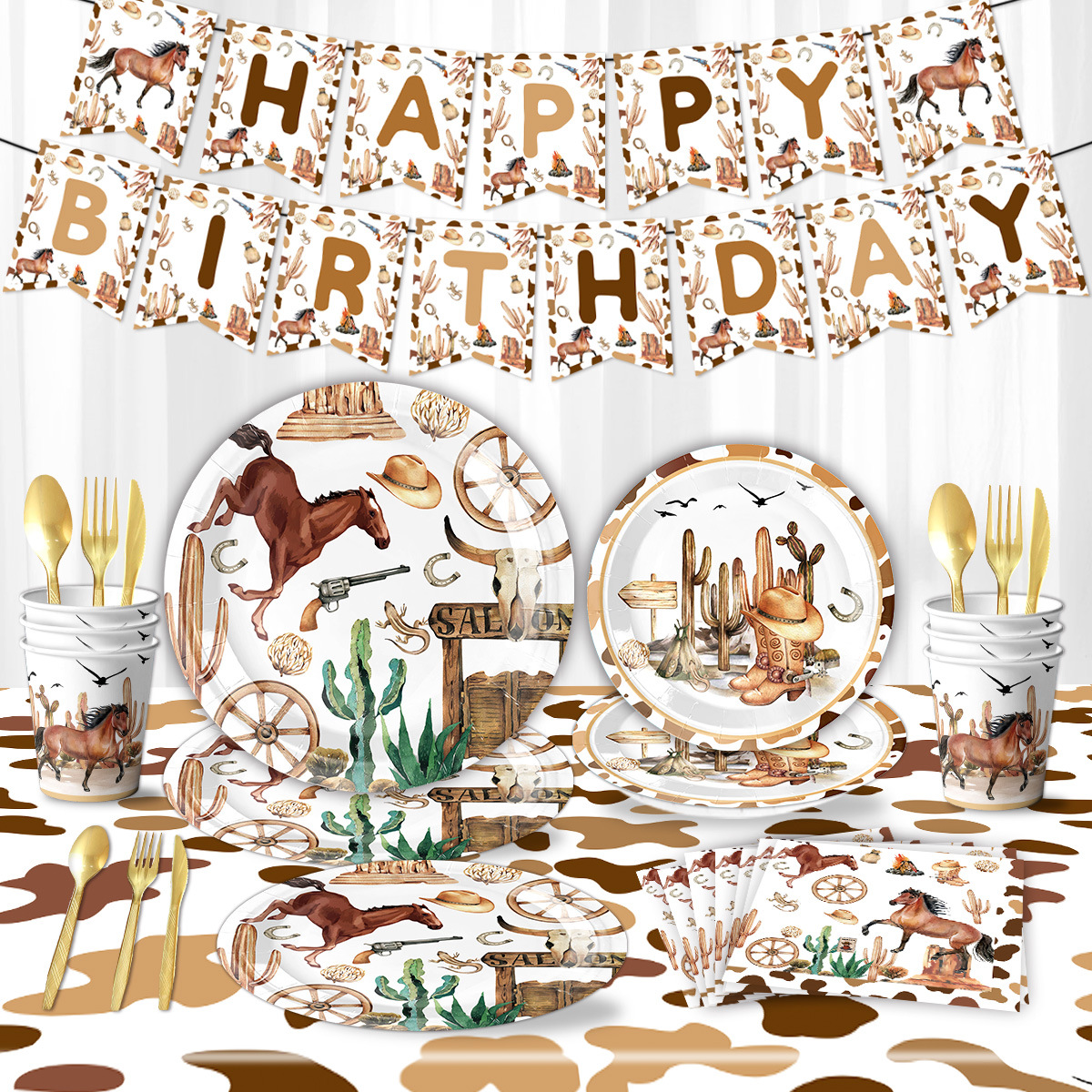 Cowboy Party Decorations Tableware Tablecloth Banner Cowboy Hat Boot Horse Balloons Wild West Cowboy Birthday Rodeo Party Favors
