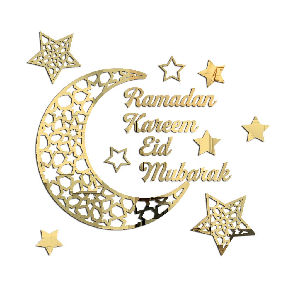 Muslim Ramadan Kareem Crescent Moon Pattern Acrylic Mirror Sticker 3D Self-adhesive Wall Sticker Wall Decor Home Decoration: Gold