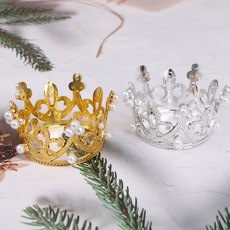 1PC Mini Crown Cake Topper Romantic Pearl Garland Happy Birthday Children Hair Ornaments Wedding Cake Decoration Favors Party