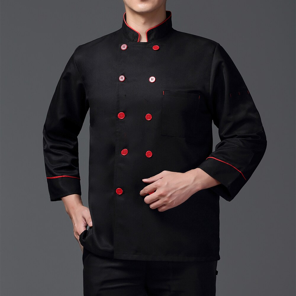 breathable unisex casual chef jacket double breasted kitchen catering restaurant service work uniform: Black chef suit / XXL
