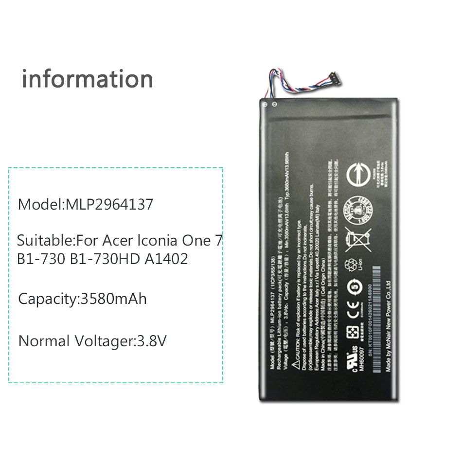 MLP2964137 Tablet Batterij Voor Acer Iconia Een 7 B1-730HD A1402 3165142P B1-730HD-170L 3.8V 3680 Mah Batterij