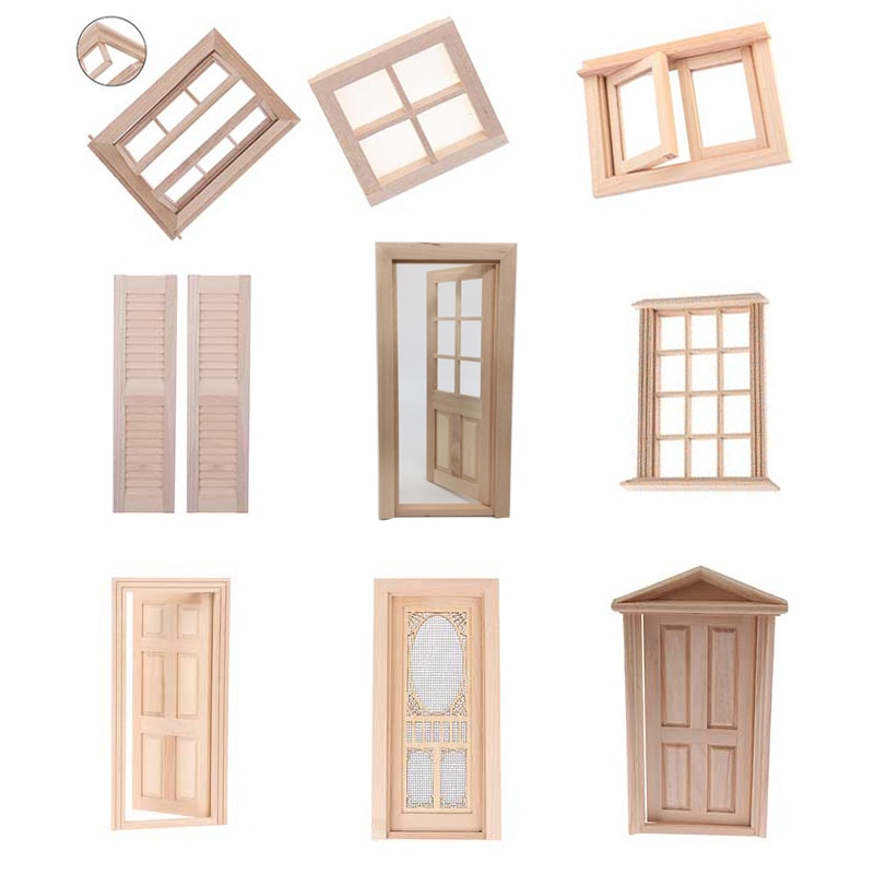 1Pcs Multitype 1:12 DIY Wooden Window Door Doll House Accessories Pretend Play Toy Doll House Furniture Simulation Miniatures