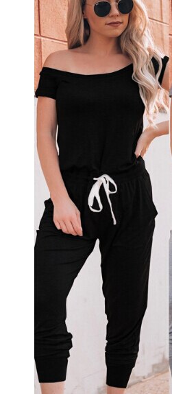 Bodycon kortärmad snygg jumpsuit dambyxa off shoulder solid casual lös playsuit dam: Svart / M