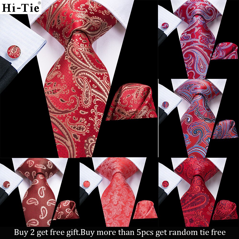 Hi-Tie Mens Tie Rood Bordeaux Paisley Zijde Bruiloft Stropdas Voor Mannen Hanky Manchetknopen Set Business party