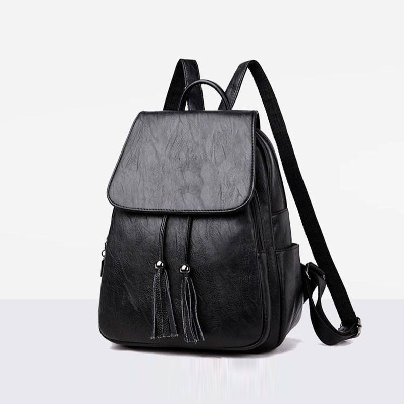 Tassel Pu Leather Backpack Women Drawstring Bag Black Red Soft Solid Backpack Female Youth Bagpack For Teenage Girls