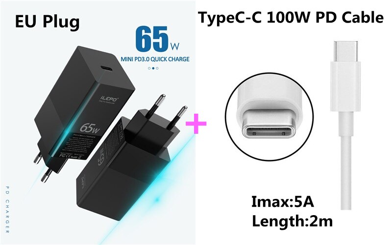 Travel 65W GaN USB C PD MagSaf* Power Adapter Fast Smart Mobile Phone Quick Charger For Laptop Macbook iphone Xiaomi Huawei: EU With TypeC Cable