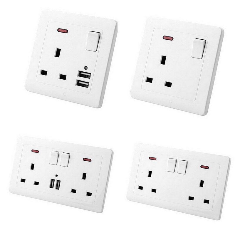 Double Wall UK Plug Socket 2 Gang 13A With 2 USB Charger Port Outlet Plate For Home Office