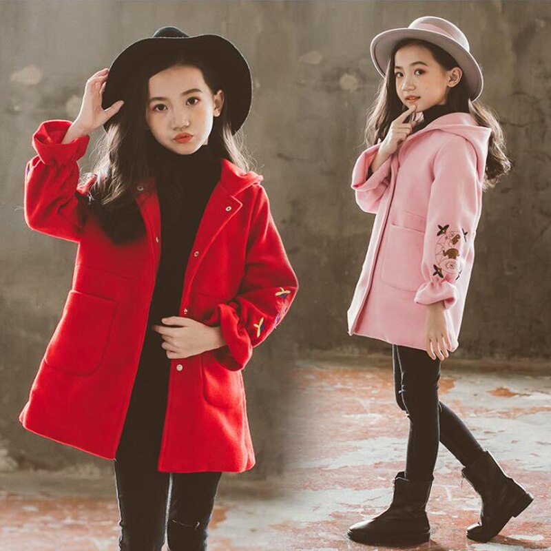 Girls Spring And Autumn Jacket Children Woolen Coat Embroidery Girl Coat Slim Red Jacket For Girls Clothes Cotton Jacket