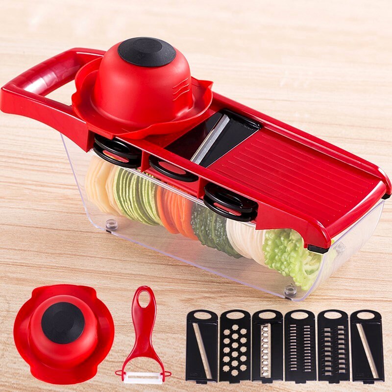 Handleiding Ronde Mandoline Groente Slicer Cutter Ui Aardappel Wortel Rasp Met 3 Chopper Messen Keuken Tafelblad Drum Gadgets: red 6pcs