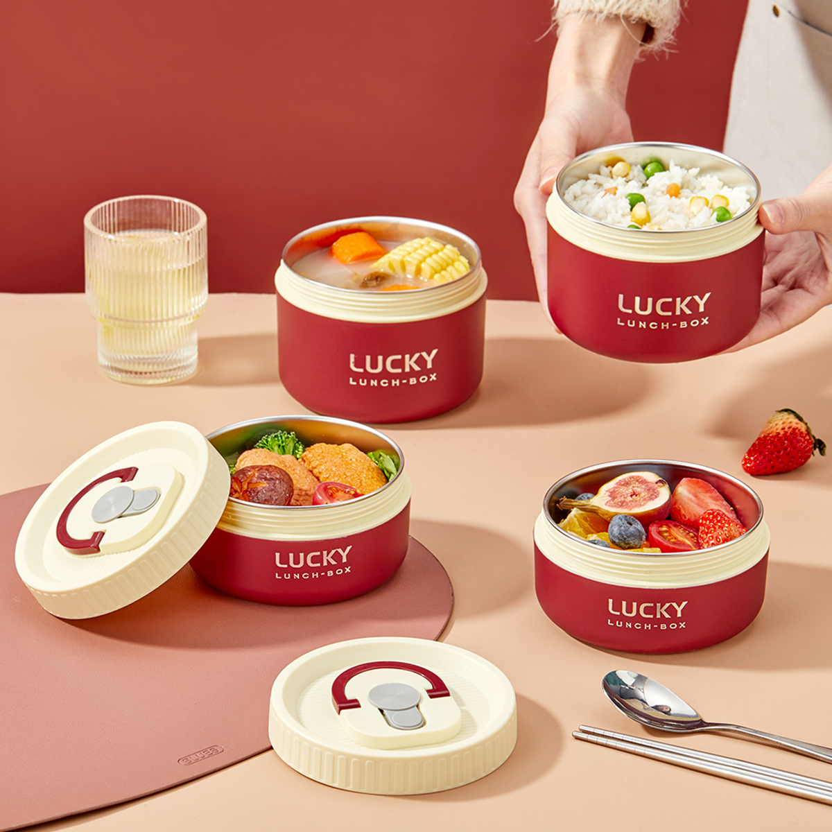 WORTHBUY Portable Insulated Lunch Box 304 Stainless Steel Bento Box With Cutlery&Thermal Bag Microwave Leak-proof Food Container