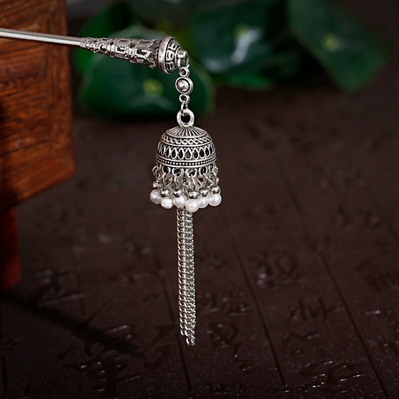 Épingle à cheveux en forme de cloches indiennes, Vintage, couleur argent, pendentif de pompon en perle ethnique, bâtons de cheveux, bijoux