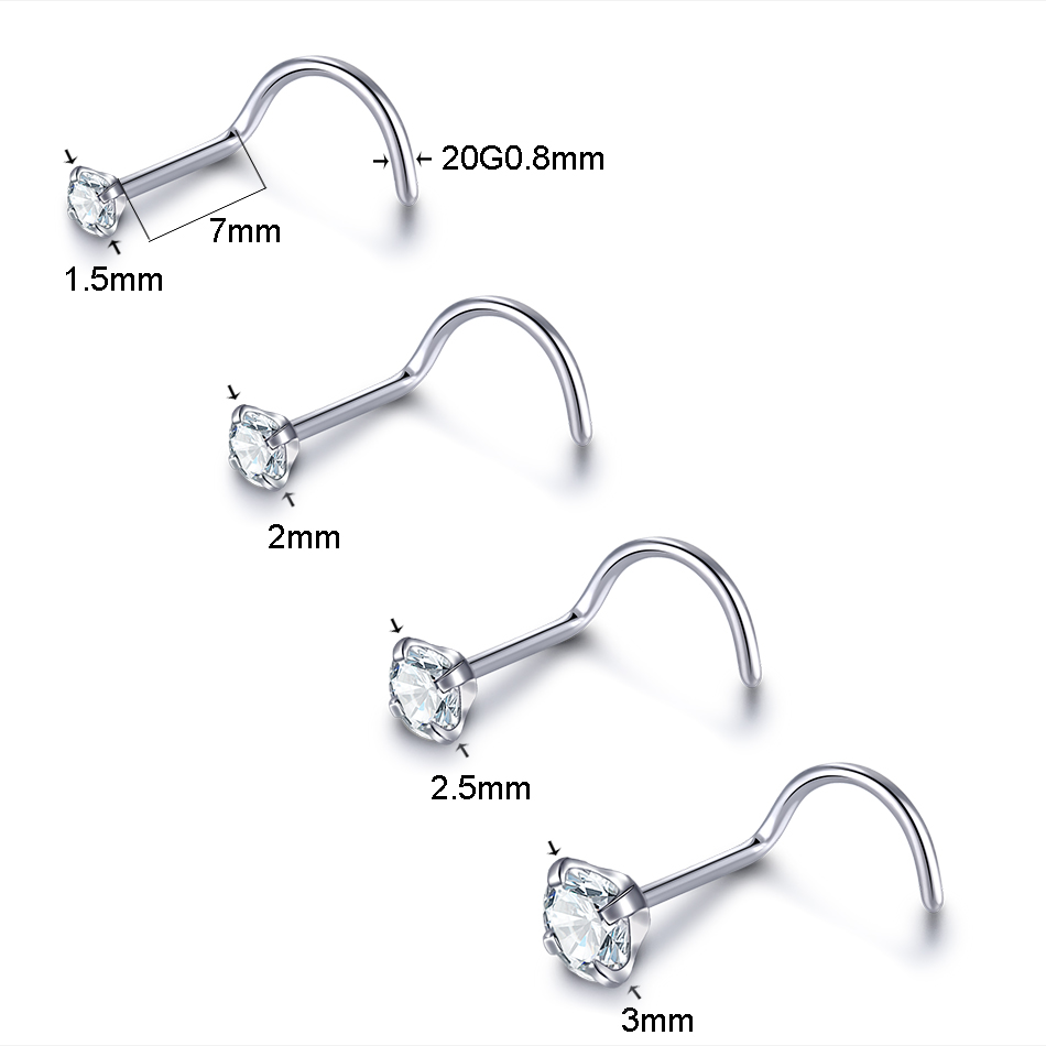 1Pc Implantaat Titanium Neus Stud Ring Set Ronde CZ Kristal Neus Piercings 1.5/2/2.5/3MM Schroef Neusgat Piercing Oorbel Sieraden 20G