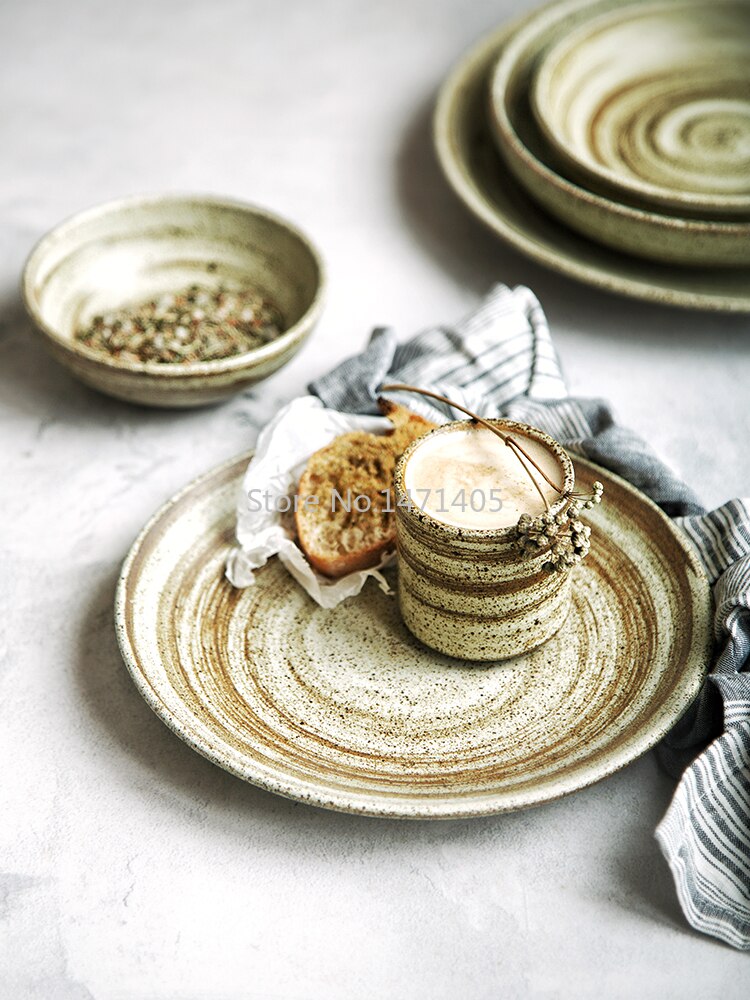 Japanese Style Handmade Ceramic Retro Home Restaurant with Fish Deep Dish Steak Plate Rice Bowl Teacup