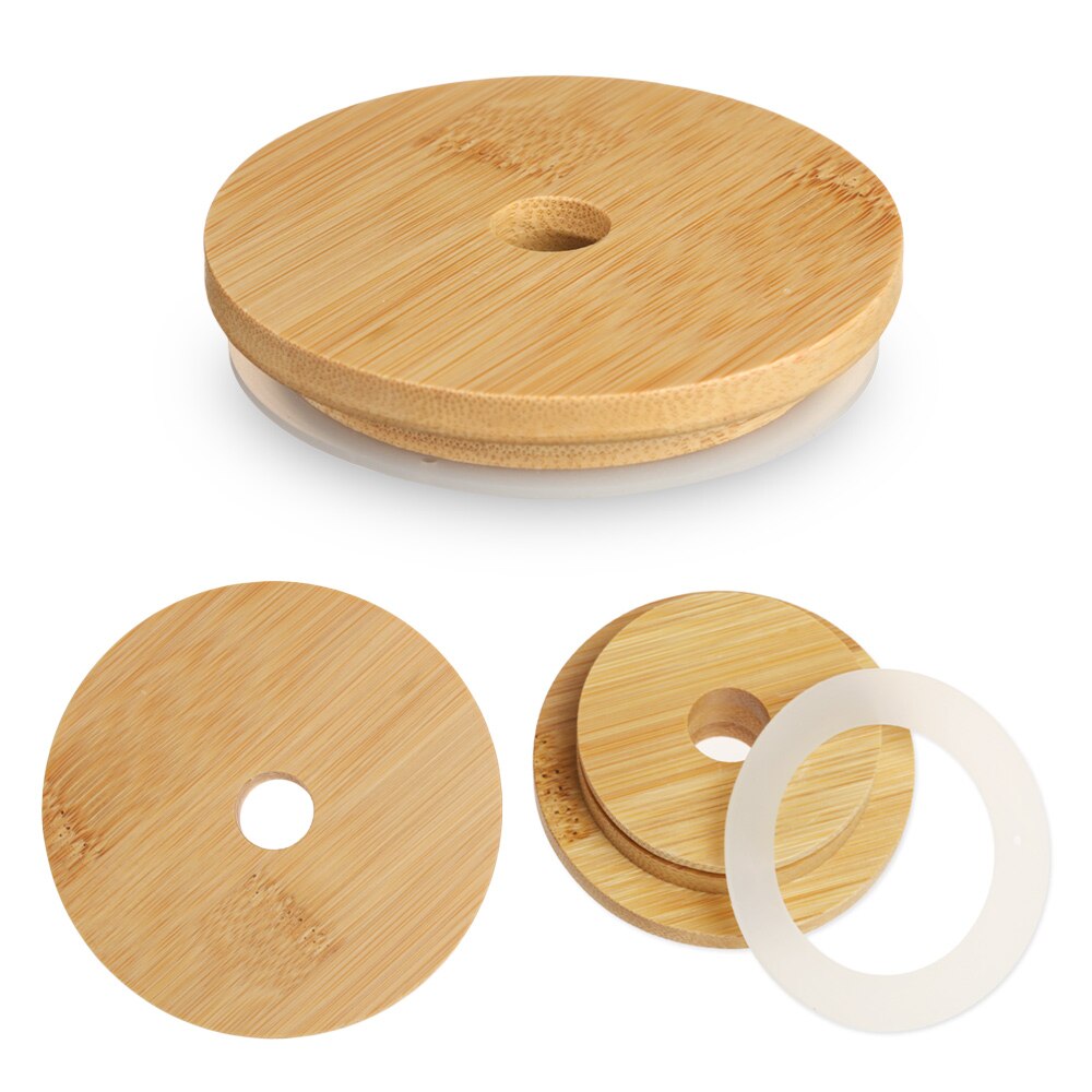 70mm/86mm Reusable Bamboo Wood Lids Mason Jar Lid with Straw Hole Silicone Seal Ring Wide Mouth Cup Covers Caps Decor Crafts