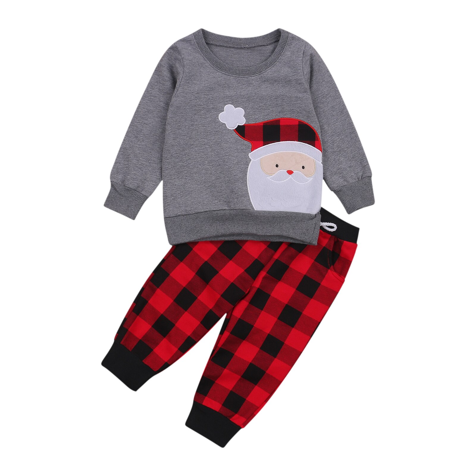 Baby Jongen Lange Mouw Broek Pak Cartoon Kerstman Trui T-shirt En Klassieke Plaid Elastische Lange Broek Homewear: Grijs / 2T
