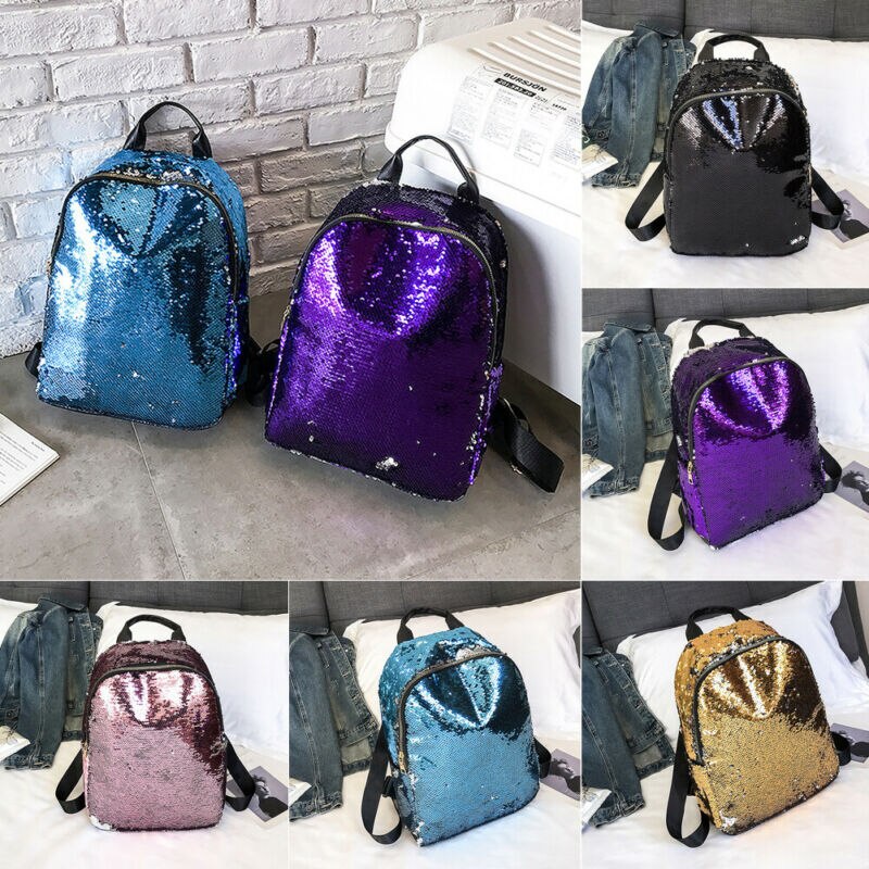 Feminino senhora lantejoulas mochila meninas escola mochila bolsa de ombro de viagem