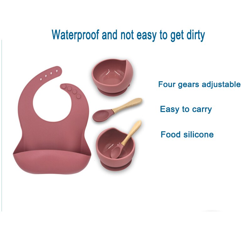 Bpa Gratis Baby Siliconen Servies Waterdichte Bib Flexibele Speeksel Handdoek Effen Kleur Sucker Kom En Lepel Voor Childre