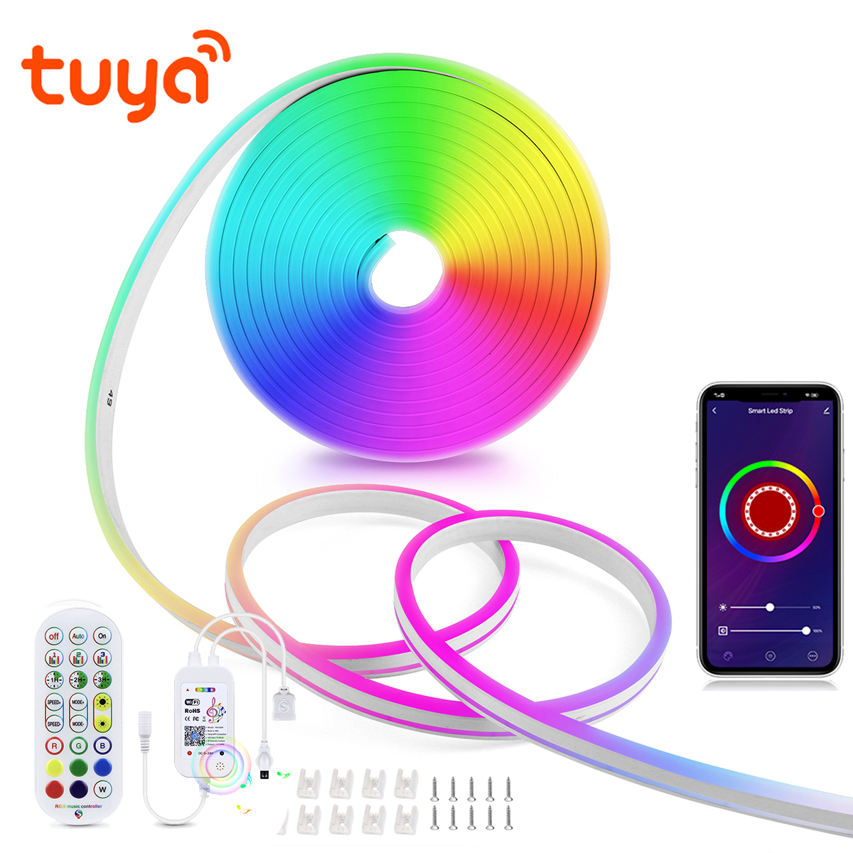Tuya Smart Life WiFi LED tira de luz de neón 12V tira de LED RGB cinta de letrero de neón decoración Alexa Google Home Gel de sílice con Clips