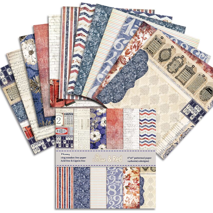 Paquet de 24 feuilles de papier pour Scrapbooking, bleu et rouge, papier artisanal fait à la main, tampon de fond artisanal