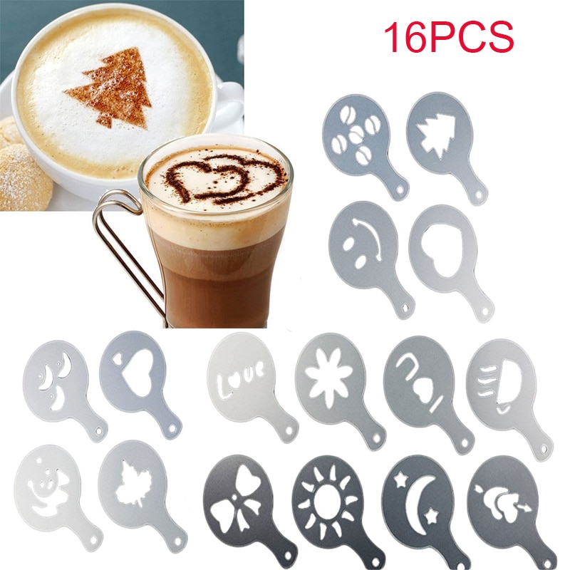 16 Stks/set Cafe Schuim Spuiten Template Barista Stencil Decoratie Tool Garland Mold Koffie Afdrukken Poedersuiker Zeef Accessoires