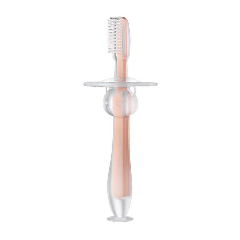 Cepillos dentales de entrenamiento para bebé, cepillo Dental de silicona suave con mango encantador con ventosa, cepillos dentales de entrenamiento sin BPA: Rosa