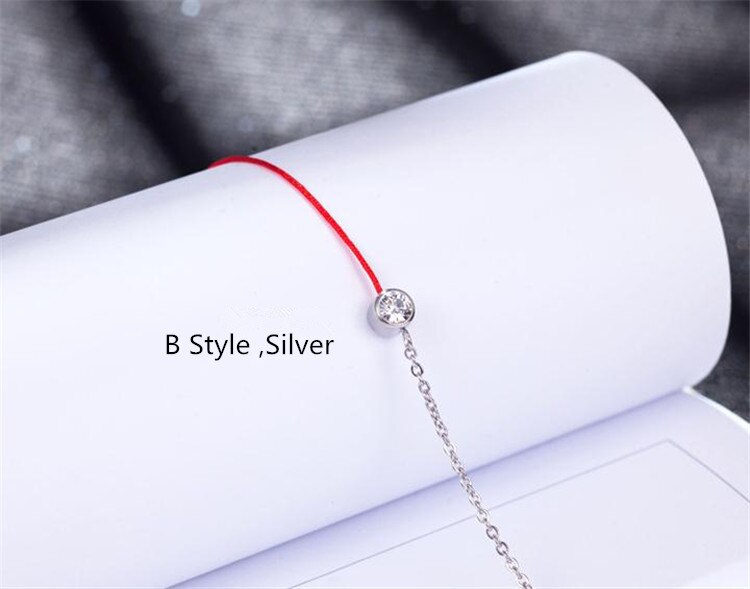 YUN RUO Gold Silber Farbe Zirkon Kristall Rote Linie Armband Charms 316 L Edelstahl Schmuck Frau Kette Verhindern verblassen: B silver