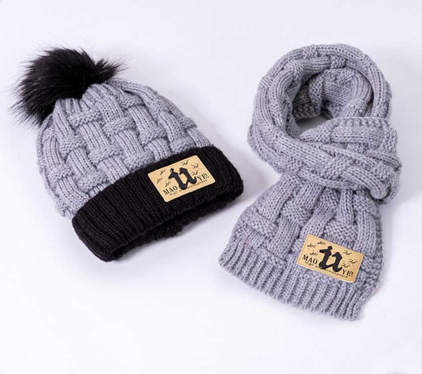 Vinter tjej mössa och halsduk set för barn barn stickade mjuka stretch kabel mössor halsdukar pojkar pompom keps halsdukar varm kostym  m7118: Grå