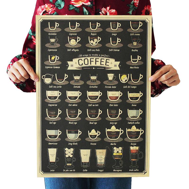 Dlkklb kaffekopp samling barer kjøkken tegning plakat utsmykning årgang plakat retro veggklistremerke 51.5 x 36cm hjemmedekorasjon: misligholde tittel