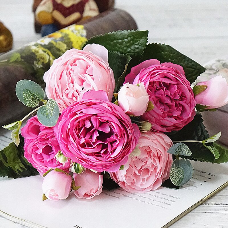 roze grote pioen kunstbloemen elegante mooie zijden nep bloemen blossom pioenen bruiloft home party decoratie blad: 5
