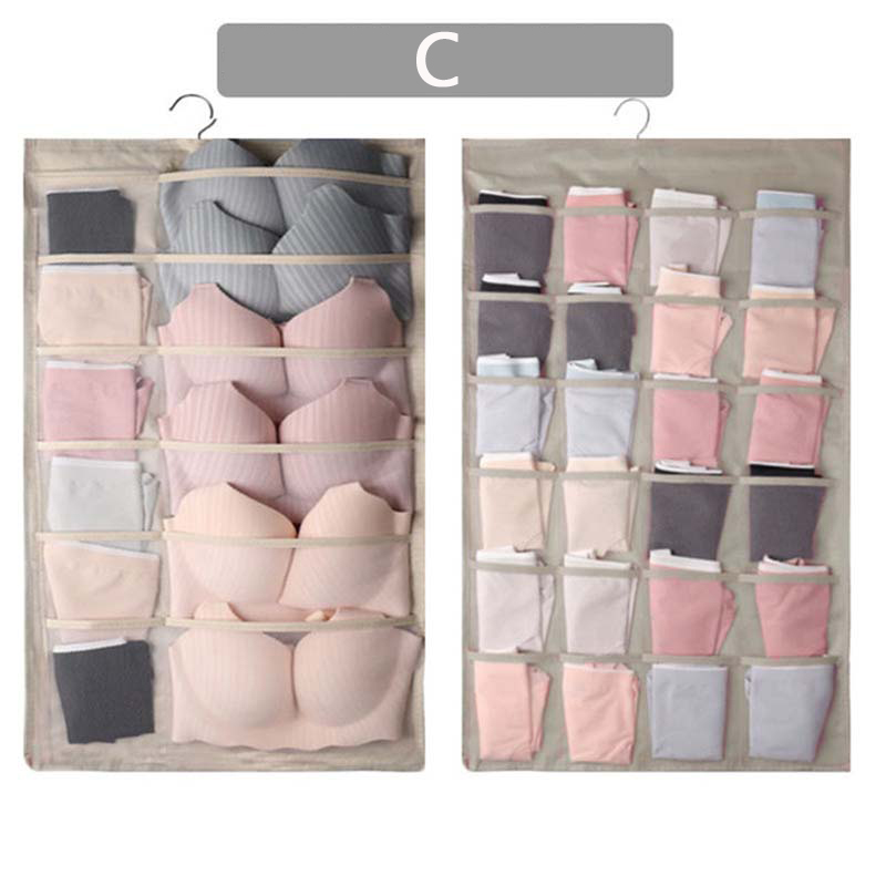Mcao Hanging Closet Organizer Dual-Sided Wall Shelf Wardrobe Storage Bags for Underwear Bra Sock Mesh Pocket Metal Hanger TJ3624: C