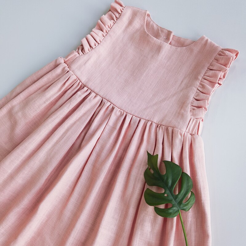 Baby Meisje Jurk 1-6Y Effen Linnen Katoen Ruche Mouw Kinderen Jurken Voor Zomer Prinses Feestjurk Peuter Meisje A-lijn Zonnejurk