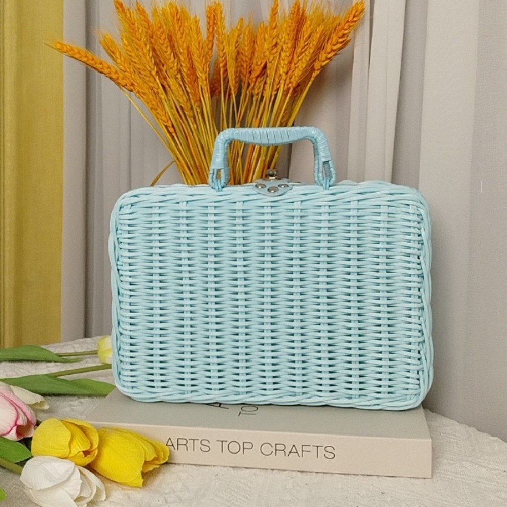 Caja de tejida, caja de almacenamiento de mimbre tejida de simulación, Retro con asa, maleta de boda, cestas tejidas para Picnic en el hogar, boda: Azul cielo