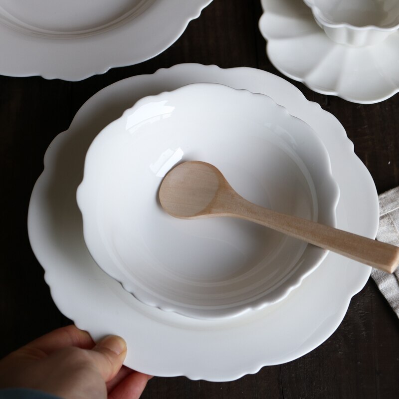 Assiette porcelaine dentelle blanche Vintage, plat occidental, plat profond, pétale à café, bol