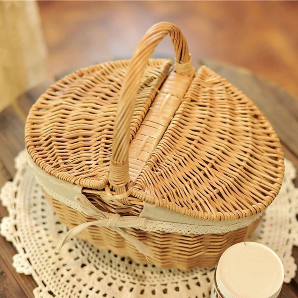 Picnic Basket Hand Made Wicker Camping Shopping Storage Hamper with Lid Picnic Food Basket Woven Fruit Storage Organizer