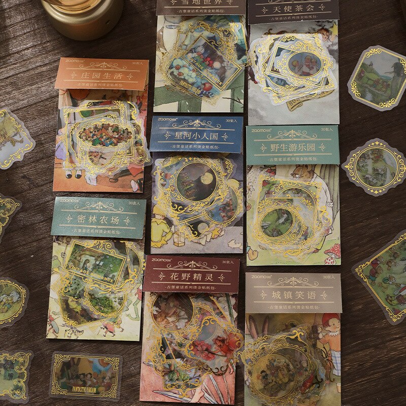 30 stk vintage slot eventyr verden serie dekorative gyldne klistermærker scrapbog etiket dagbog papirvarer kunst journal planner