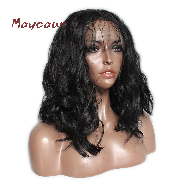 Maycaur-pelucas de cabello ondulado corto, cabello Natural, negro, sintético, con encaje frontal