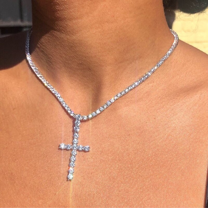 Glanzend Witte Kristallen Kruis Hanger Ketting Heilige Kristallen Kruis Hanger Met Rhinstone Chain Unisex Mode-sieraden