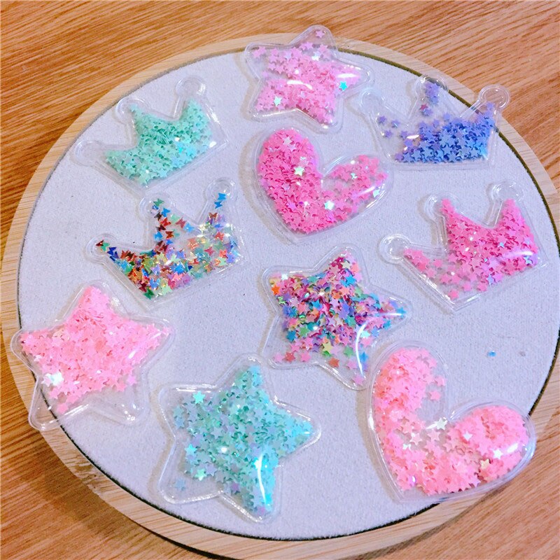 12 stuks/partij multi-stijl transparante bling bling ster vloeiende patches applicaties voor kinderen clip en diy haarspeld accessoires