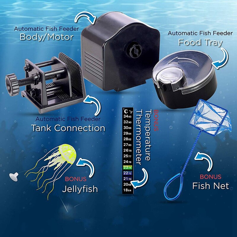 Automatische visvoederbak, aquariumvoeder, visvoer, vakantievoeder, automatische voederunit + net voor aquarium, thermostaat en kwallen