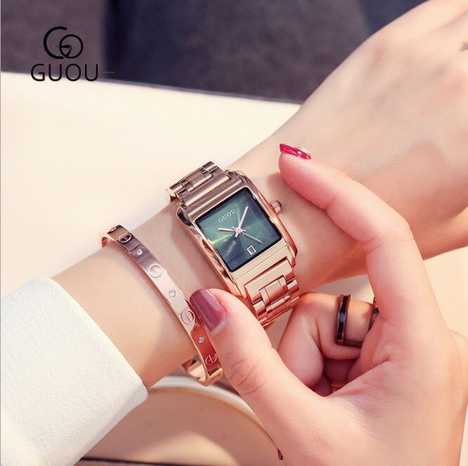 Dameur dameure guou rosa guld armbåndsur rustfrit stål auto date ur ur relogio feminino saat: Grøn