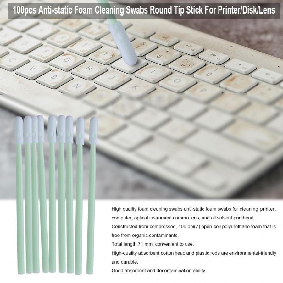 100 pièces antistatiques mousse nettoyage écouvillons pointe ronde bâton pour imprimante/disque/lentille
